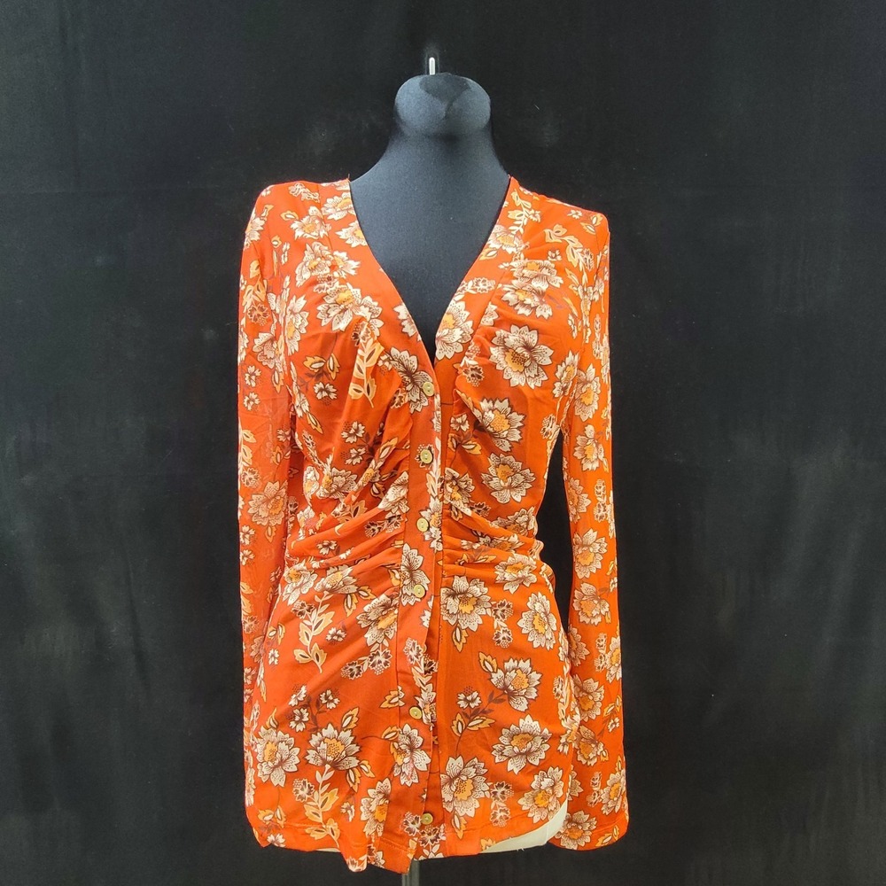 Bell Sleeve‎ Mesh Ruched Top Size M Button V Neck Floral Boho Hippie Festival
